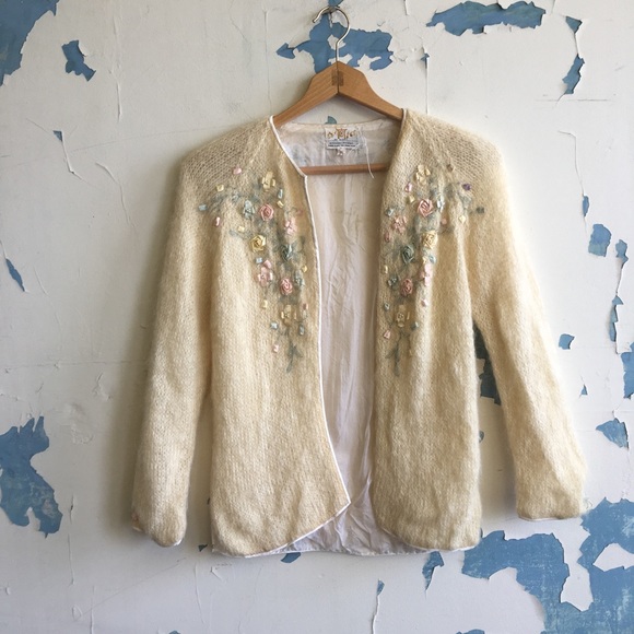 Vintage Sweaters - Vintage Knit Mohair Blend Floral Appliqué Cardigan